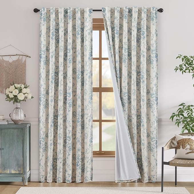 jinchan Blackout Linen Blend Curtain Floral Blackout Curtains for Living Room 84 Inch Length Blue Printed with Lined Blackout Curtain for Bedroom Farmhouse Curtains Set 2 Panels by JINCHAN