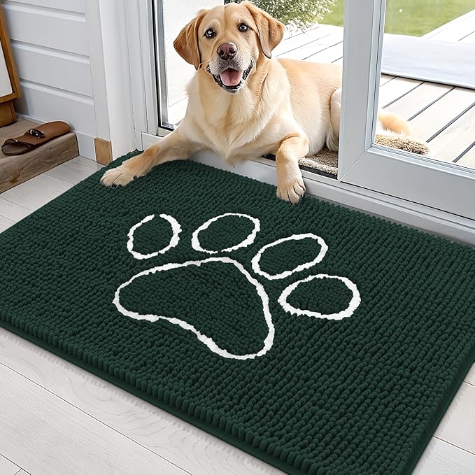 OLANLY Dog Door Mat for Muddy Paws 36x24, Paw Print Design, Absorbs Moisture and Dirt, Absorbent Non-Slip Washable Doormat, Quick Dry Chenille Mud Mat, Entry Indoor Entryway Carpet, Blackish Green by OLANLY