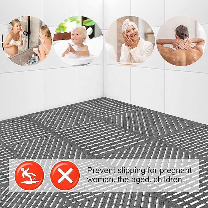 MYFAMIREA Modular Interlocking Cushion 12 Pack 11.8" x 11.8" Rubber Floor Tiles Non-Slip Splicing Drainage Mats for Deck, Pool, Shower, Patio, Balcony, Bathroom, Kitchen, Yard (1 Rows Dots, Dark Gray) - Image 6
