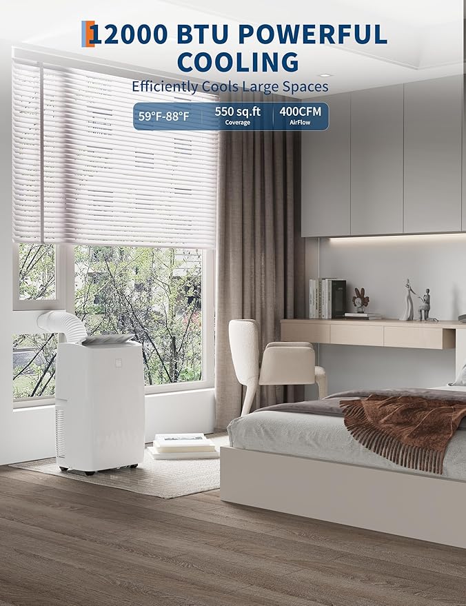 GarveeHome 12,000 BTU Portable Air Conditioner for Rooms up to 600 Sq.Ft, Quiet AC Unit with Remote, 24H Timer, Dehumidifier, Fan, LED Display & Easy Installation Window Kit - Image 2