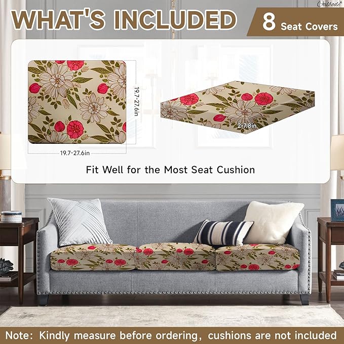 8Pcs Stretch Patio Cushion Cover, Floral Couch & Sofa Slipcovers for Patio Furniture Cushions Washable Reusable Couch Covers Replacement for All-Season (Rosy Pink Floral,Cover Only) - Image 2