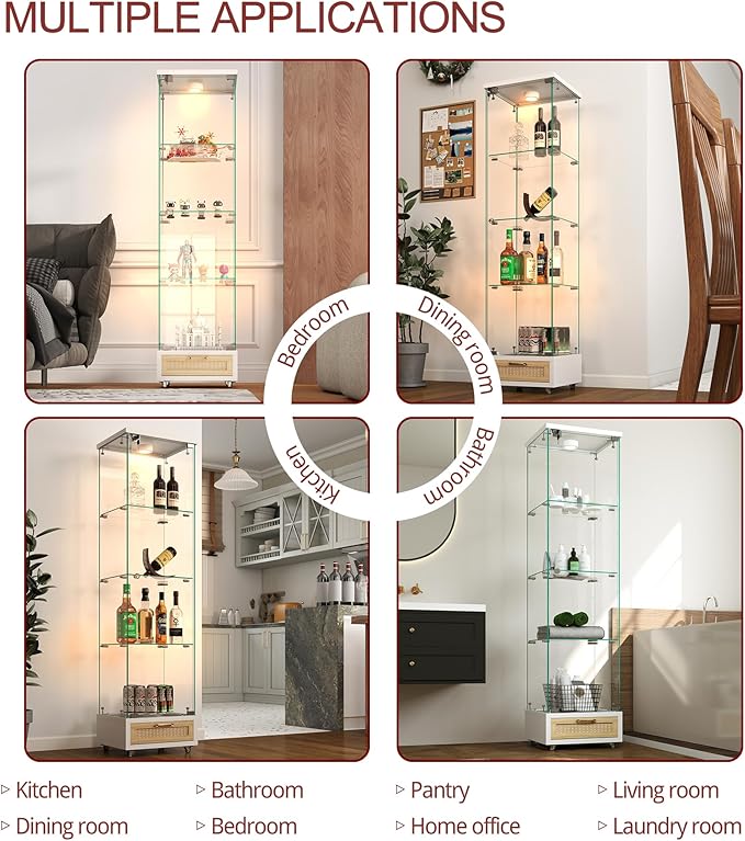 Yoluckea 4 Tiers Glass Display Cabinet with LED Lighting and Drawer, 1 Door Floor Standing Curio Cabinet with Wheel for Home, Office, Corner Display, White Glass Bookshelf for Collections and Decor - Image 5