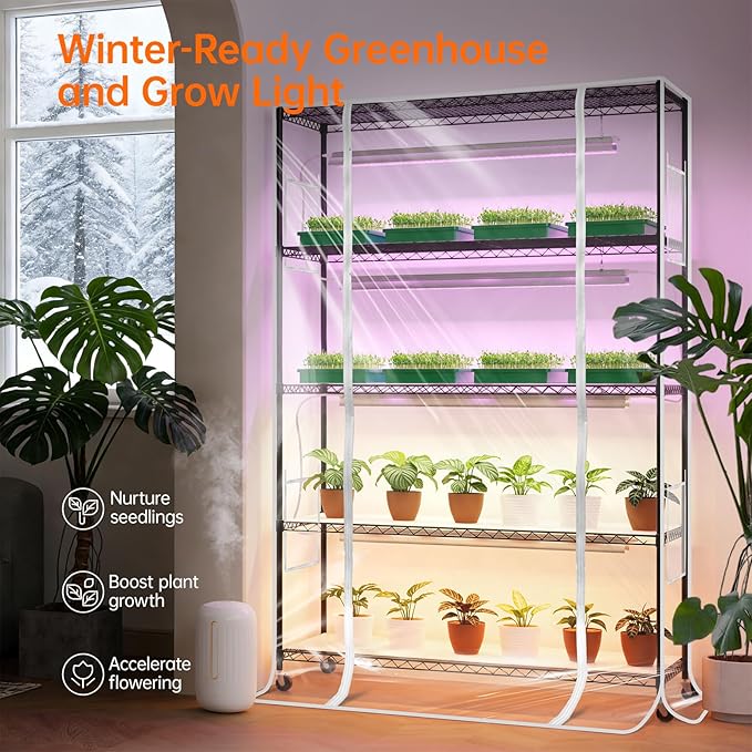 Bstrip Indoor Greenhouse with Grow Light, 5 Tier 47.2"x17.8"x71" Metal Shelf Portable Greenhouse for Winter with 4 Pack 3 Color Modes Plant Lights, Timer & Cover for Indoor Plant, Seed Starting Trays - Image 2