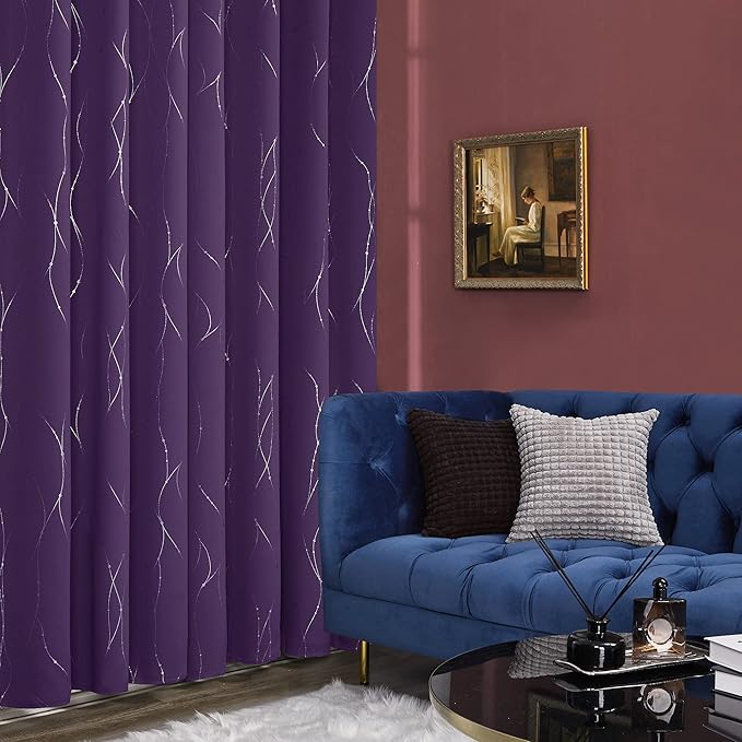 Deconovo Short Purple Curtains, Blackout Drapes with Wave Line Silver Print, 38 x 45 Inches Long, Thermal Insulated Panel, Grommet Top, Machine Washable, Set of 2 Panels for Kitchen Nursery Bedroom - Image 5