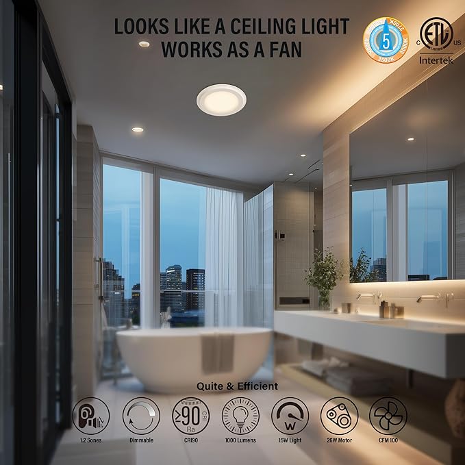 100CFM Round Bathroom Ventilation Fan: Quiet 1.2 Sones Ceiling Mount Exhaust Fan Combo with Integrated LED Light, 5CCT Selectable, Dimmable, Wet Rated, ETL Certified - Image 6