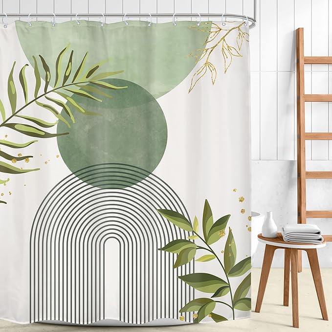 Sage Green Boho Shower Curtain 72Wx78H Modern Bohemian Abstract Leaves Olive Dark Green Mid Century Plant Bathroom Decor Minimalist Geometric Arch Bath Curtain Fabric Polyester 12 Pack Hooks - Image 2