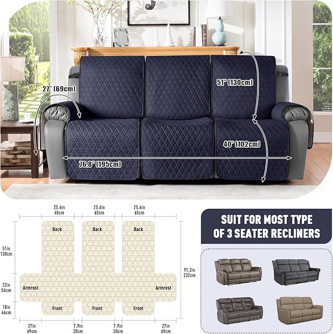 TAOCOCO 100% Waterproof Recliner Cover, Non-Slip Washable Reclining Couch Cover with Elastic Leg Straps, Furniture Protector for Dogs (Dark Blue, 3 Seater) - Image 3