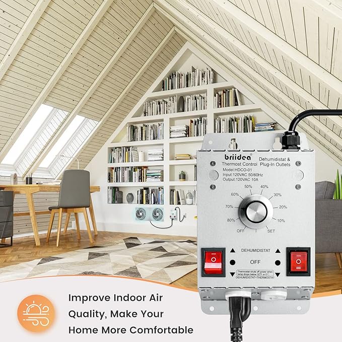 Crawl Space Humidistat Controller, Briidea Dehumidistat and Thermostat Control with 2 Plug in Outlets, Ideal for Basements Attics Garages, Reduce the Crawl Space Humidity Level - Image 3