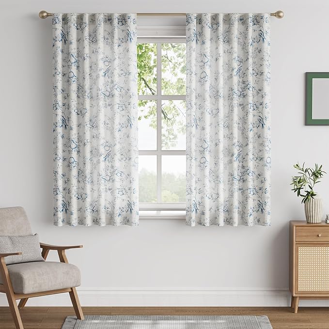 jinchan Linen Floral Curtains for Living Room 63 Inch Length Blue Printed Flower French Country Curtain Farmhouse Cottage Core Toile Curtains Back Tab Light Filtering Window Drapes Set 2 Panels - Image 2