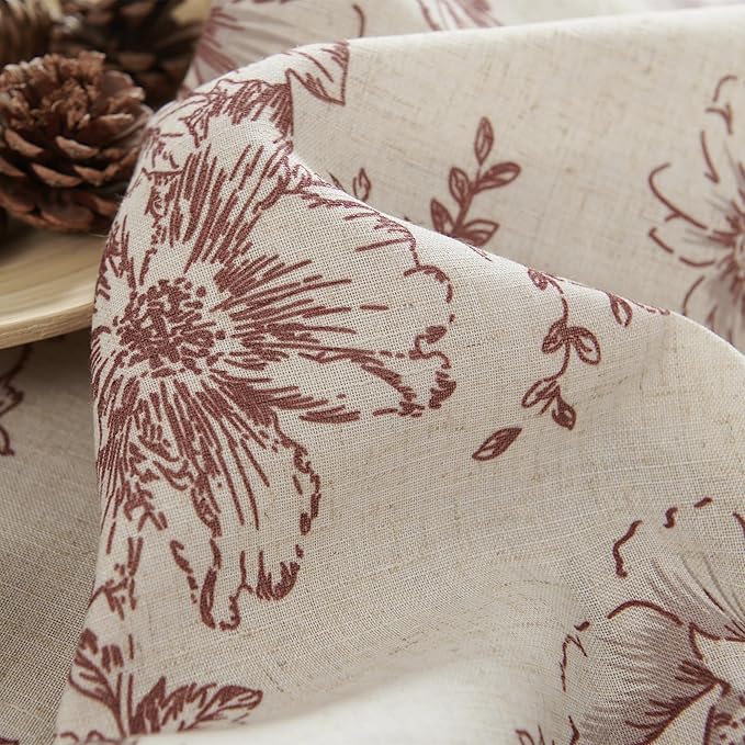 jinchan Linen Blend Curtain Floral Curtains for Living Room 90 Inch Length Farmhouse Brick Red Printed Curtain Rod Pocket Back Tab Peony Flower Patterned Drapes Curtains Set 2 Panels - Image 6