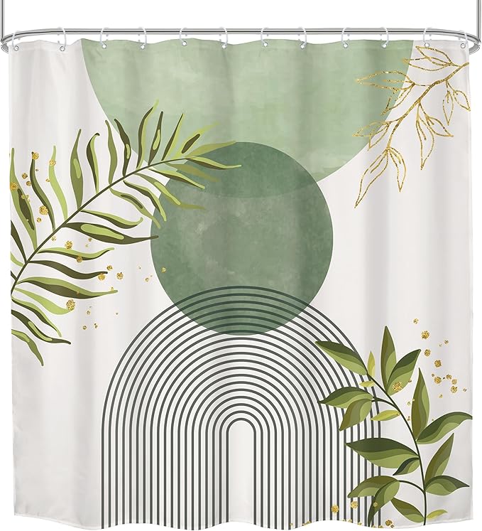 Sage Green Boho Shower Curtain 72Wx72H Modern Abstract Bohemian Leaves Minimalist Neutral Botanical Geometric Arch Bathroom Decor Mid Century Plant Bath Curtain Fabric Polyester 12 Pack Hooks - Image 7