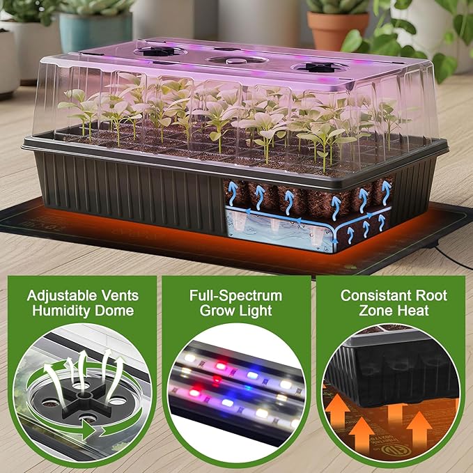 60-Cell Self-Watering Seed Starter Tray with Grow Light, Indoor Seed Starting Kit Trays with Heat Mat, Adjustable Brightness Plant Germination Trays Growing Kit with 4.13" Humidity Dome for Seeds Grow - Image 3