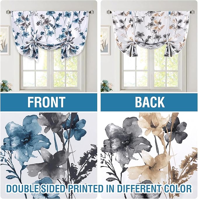 H.VERSAILTEX Tie Up Curtain Double Sided Cattleya Floral Printed Window Valance Balloon Roman Curtain, Rod Pocket 1-Pack, Reversible in Blue/Taupe, W 42 x L 36 - Image 3