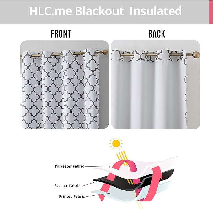 HLC.ME Lattice Print Design Bedroom Blackout Curtains - Thermal Heat Absorbing & Sunblock - Light Blocking Window Drapery Curtain Grommet Panels, Platinum White & Grey, Set of 2, 52 W x 84 L - Image 3