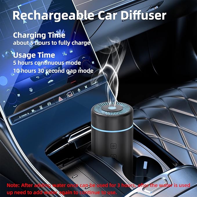 100ML Car Diffuser, USB Rechargeable Battery Operated, Powered Cordless Essential Oil Humidifier, 7 LED Color Lights 2 Timer Modes for Car Outdoor Home (Black) - Image 2