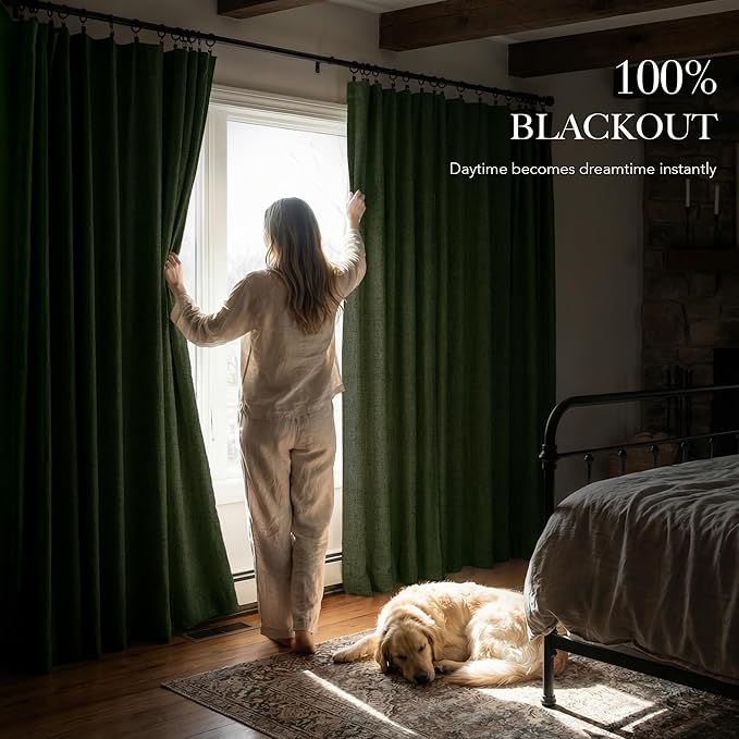 RYB HOME Olive Green 100% Blackout Linen Curtains 96 inches Long, Luxury Thermal Insulated Room Darkening Drapes for Living Room/Bedroom/Sliding Doors, Back Tab&Rod Pocket, W52xL96, 2 Panels - Image 3