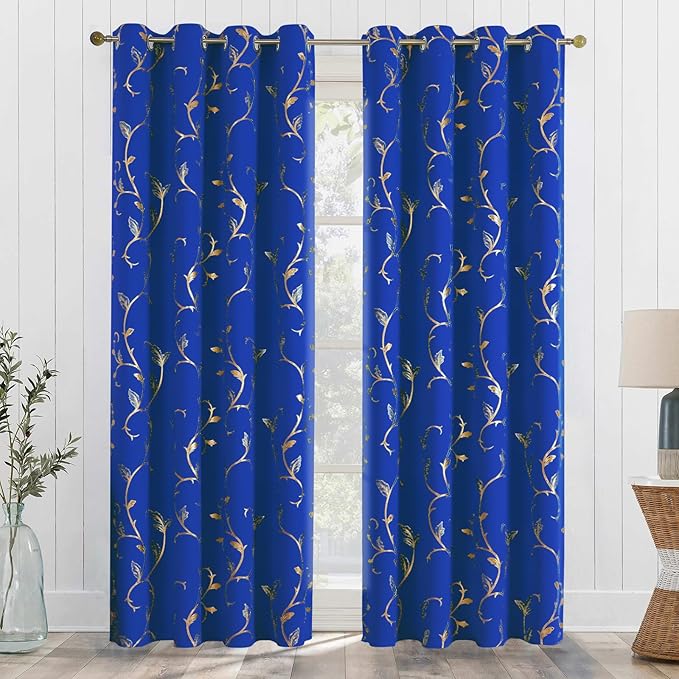 BUHUA Blackout Curtains Gold Foil Print Flower Vine Grommet Drapes, Room Darkening Thermal Insulated Curtains, Noise Reducing Curtain for Bedroom, Royal Blue, 52Wx63L, 2 Panels - Image 7