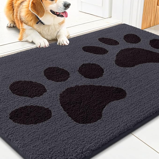 Smiry Dog Door Mat for Muddy Paws, Absorbs Moisture and Dirt, Low-Profile Entryway Mat with Non-Slip Backing, Entry Indoor Outdoor Doormat for Inside Floor (30x20 Inches, Black, Paw) by Smiry