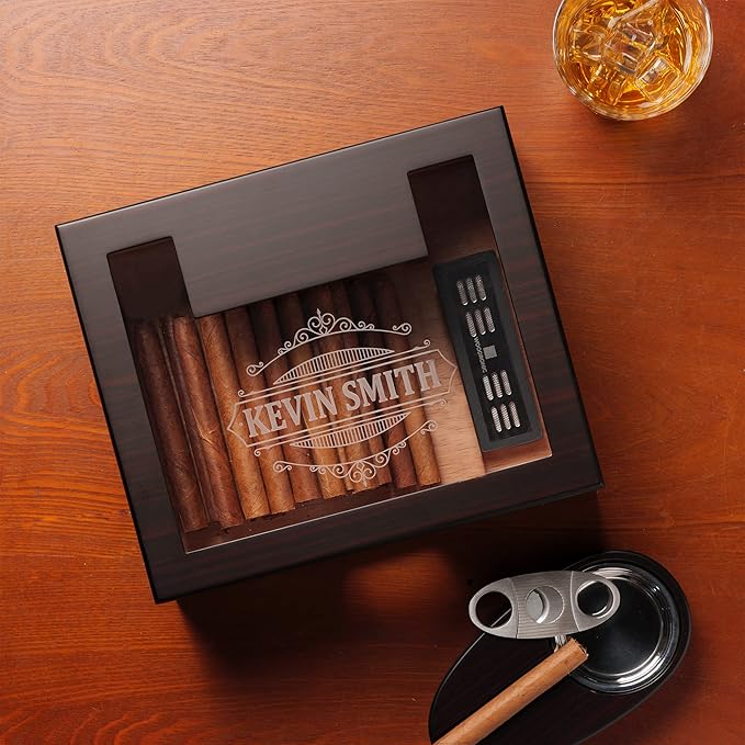 Woodronic Monogrammed Cigar Humidor for 50 Cigars, Custom Cigar Box with Digital Hygrometer, Humidifier, Spanish Cedar Lining and Divider, Cigar Cutter, Ashtray, Accessory Gift for Fathers - Image 6