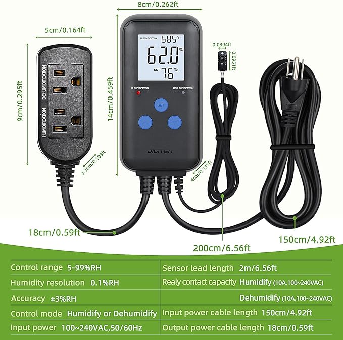 DIGITEN Humidity Controller Pre-Wired Digital Humidistat with Temperature Display, Dual-Stage Outlet Humidifier /Dehumidifier for Mushroom,Reptile, Greenhouse, Fan, Grow Tent - Image 3