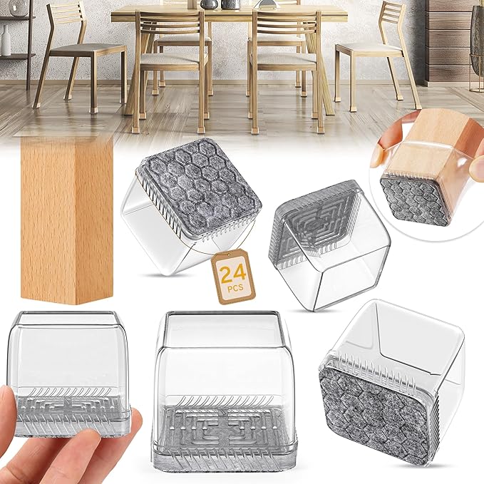 24PCS Square Chair Leg Floor Protectors, Furniture Sliders, Chair Leg Protectors for Hardwood Floors, Non-Slip Felt Furniture Pads, Silicone Cap Covers to Protect Floors, (Fit 1.5" - 2") by Indemo