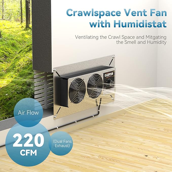 CADPXS Crawlspace Ventilation Fan, Crawlspace Fan Vent with Humidistat, Dehumidistat & Freeze Protection Thermostat, for Crawl Spaces/Basement/Garage/Attic/Hydroponics Grow Tents (220 CFM Air Out) - Image 2