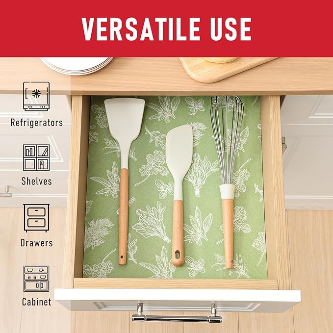 Cooyes Shelf Liner for Refrigerator & Drawer, Non-Adhesive Cabinets Liner for Kitchen Cupboard & Fridge, Breathable Cloth Material, Vegetable-Patterned, 6 Pack 12“ × 24”, Sage Green - Image 2