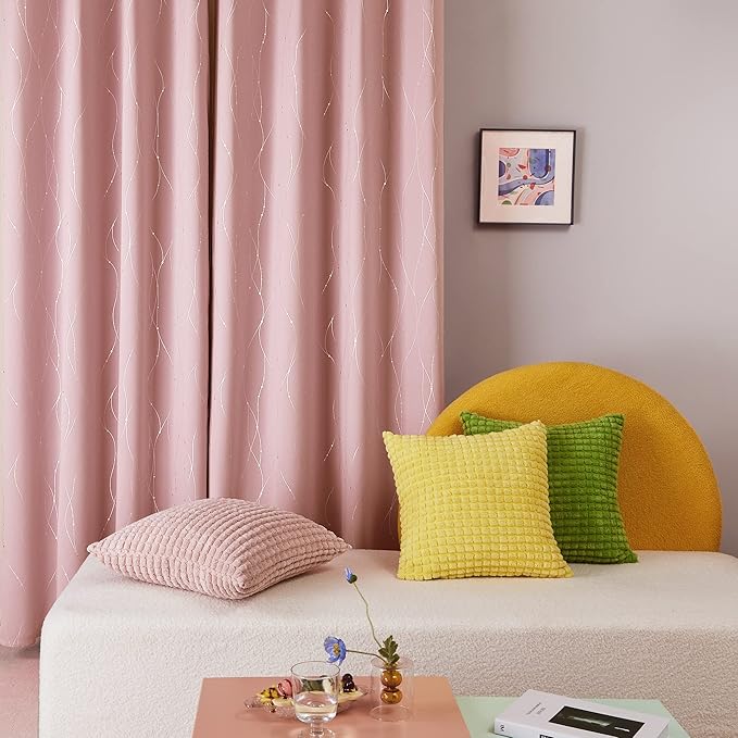 Deconovo Pink Blackout Curtains for Bedroom, Thermal Insulated Soundproof Pravicy Curtain, Silver Wave Dots Print, 42 x 63 Inch Long, Machine Washable Window Panels for Kids Room Nursery, Set of 2 - Image 3
