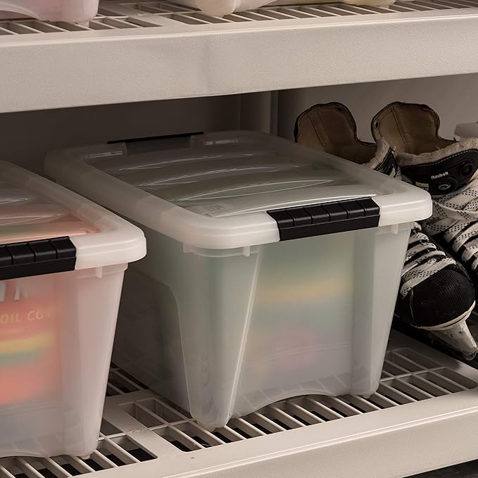 IRIS USA 19 Qt Stackable Plastic Storage Bins with Lids, 6 Pack - BPA-Free, Made in USA - Discreet Organizing Solution, Latches, Durable Nestable Containers, Secure Pull Handle - Pearl - Image 9