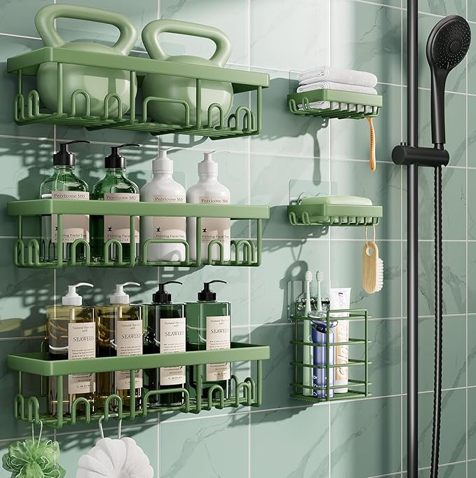 Veken Rustproof & Waterproof Shower Caddy 6-Pack, No Drilling Adhesive Shelves Rack with Soap Holder, Large Capacity Bathroom Organizers and Storage, Wall-Mounted Kitchen & Home Decor, Green by Veken