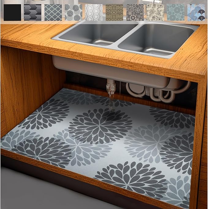 AiBOB Waterproof Under Sink Mat, Absorbent Quick Dry Sink Liners Protect Cabinets, Durable Shelf Liners, Slip Resistant and Non-Adhesive, 24X68, Grey/Flower by AiBOBGoodValueChairmatforFloorProtection