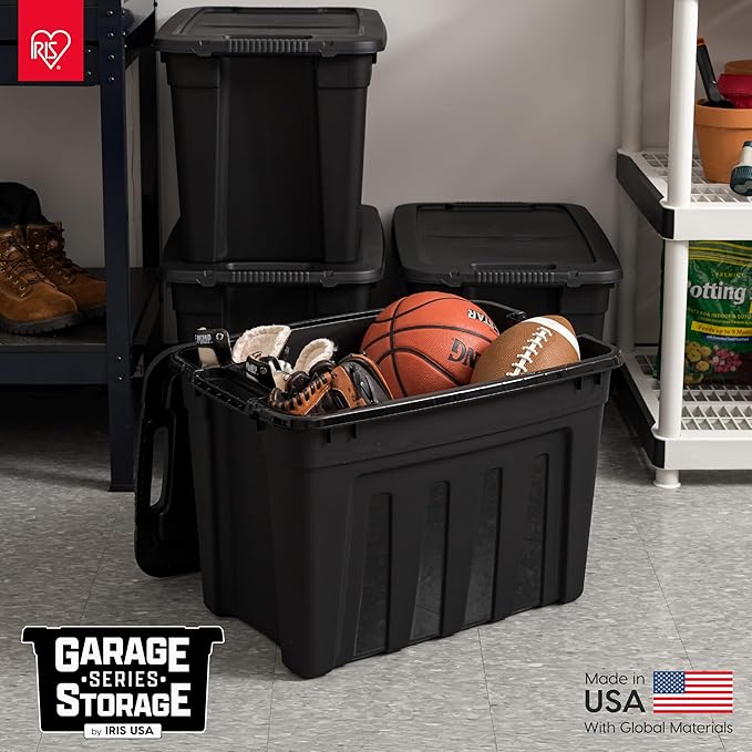 IRIS USA 20 Gallon Heavy Duty Storage Totes with Easy-Grip Handles, 4 Pack - Large Bins with Lids Garage Organizing Tubs, Durable Stackable Utility Containers, Made in USA - Black - Image 3