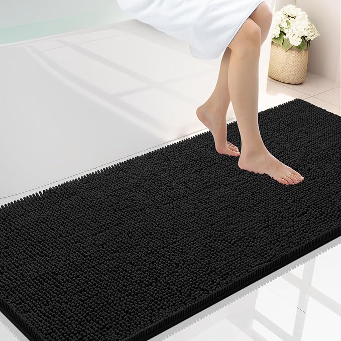 Smiry Luxury Chenille Bathroom Rugs 59x24, Extra Soft and Absorbent Shaggy Bath Mat, Machine Washable, Non-Slip Plush Carpet Runner for Tub, Shower, and Floor, Home Decor Accessories, Black by Smiry