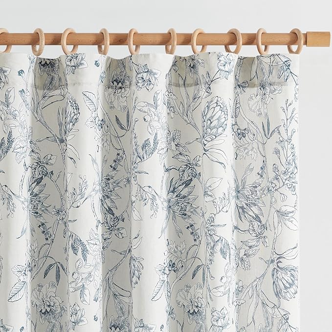 jinchan Floral Curtains 96 Inches Long Blue Flower Linen Farmhouse Curtain for Living Room French Country Vintage Curtain Rod Pocket Curtains Set 2 Panels Blue Floral Printed by JINCHAN