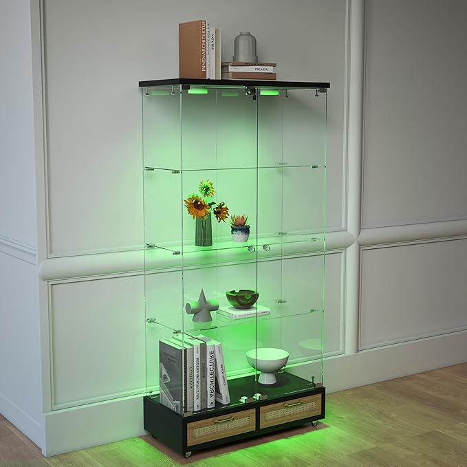Yoluckea 4-Tier Glass Display Cabinet with LED Lighting and 2 Drawers, 2-Door Floor Standing Curio Cabinet with Wheel for Home, Office, Corner Display, Black Glass Bookshelf for Collections and Decor by Yoluckea