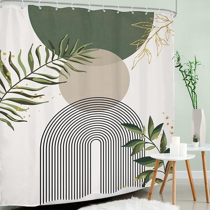 Green Boho Shower Curtain Extra Long Modern Abstract Bohemian Green Gold Minimalist Leaves Mid Century Arch Bathroom Decor Geometric Plant 72Wx84H Bath Curtain Fabric Polyester 12 Pack Hooks - Image 3