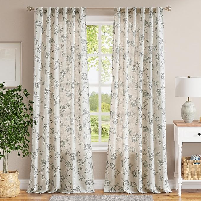 jinchan Linen Curtains Floral Curtains 96 Inch Length for Living Room Bedroom Light Filtering Rod Pocket Back Tab Jacobean Curtains Flax Linen Texture Window Drapes Set 2 Panels Dark Grey on Linen - Image 2
