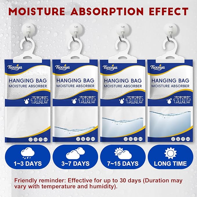 30 Pack Moisture Absorbers Packets,Hanging Closet Dehumidifier Bags,Humidity Packs, Desiccant,Moisture Absorbing Bags for Closet,Wardrobes,Bedrooms, Bathrooms(Net Wt. 230g/Pack) - Image 3