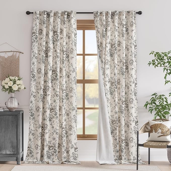 jinchan Blackout Linen Blend Curtain Floral Blackout Curtains for Living Room 102 Inch Length Black Printed with Lined Blackout Curtain for Bedroom Farmhouse Curtain Set 2 Panels by JINCHAN
