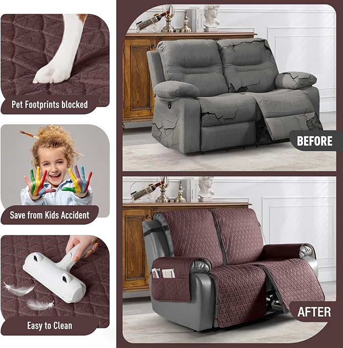 TAOCOCO 100% Waterproof Recliner Cover, Non-Slip Washable Reclining Couch Cover with Elastic Leg Straps, Furniture Protector for Dogs (Coffee, 2 Seater) - Image 2