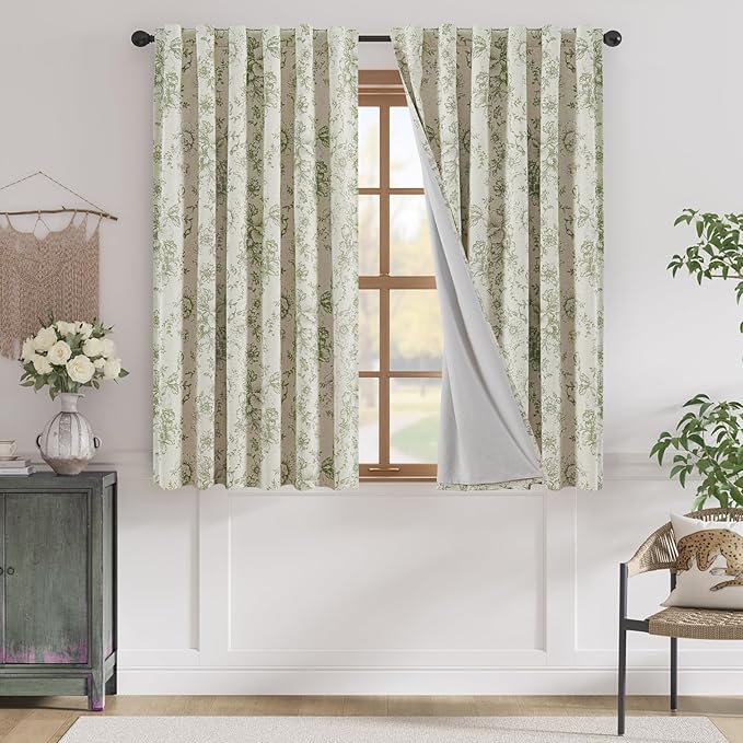 jinchan Blackout Curtains Linen Blend Floral Curtain for Living Room 63 Inch Length Farmhouse Printed with Lined Blackout Drapes for Bedroom Sage Green Flower Curtains Set 2 Panels by JINCHAN