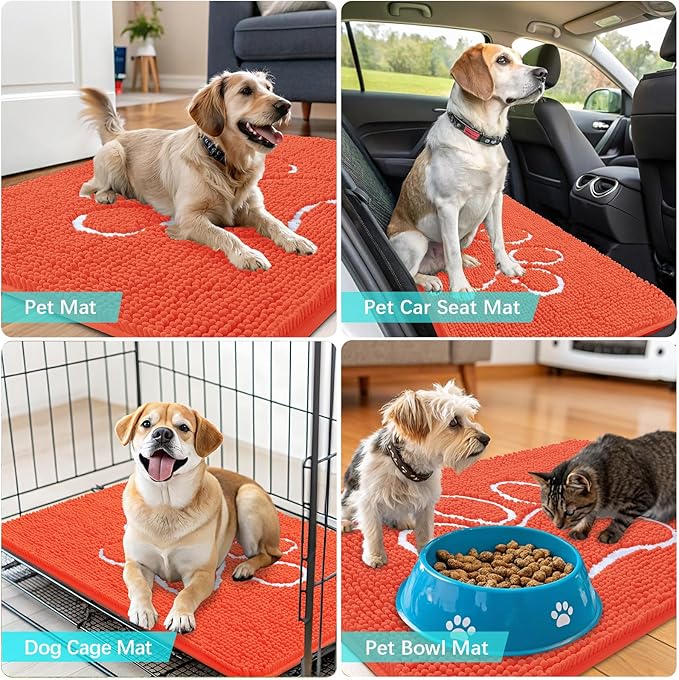 OLANLY Dog Door Mat for Muddy Paws 30x20, Paw Print Design, Absorbs Moisture and Dirt, Absorbent Non-Slip Washable Doormat, Quick Dry Chenille Mud Mat for Dogs, Entry Indoor Entryway Carpet, Coral - Image 7