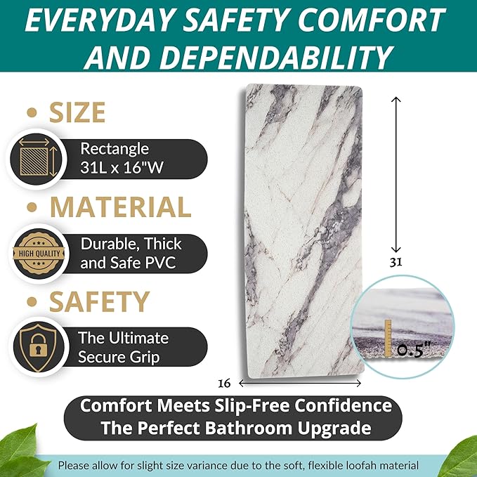 Non Slip Bathtub Mat Shower Mat for Tub - Loofah Bath Mats for Bathroom - 31x16 Bathtub Floor Mat - Textured Anti Slip Bath Mat Without Suction Cups - Secure Mat for Wet Areas (31x16 Marble Gray) - Image 3