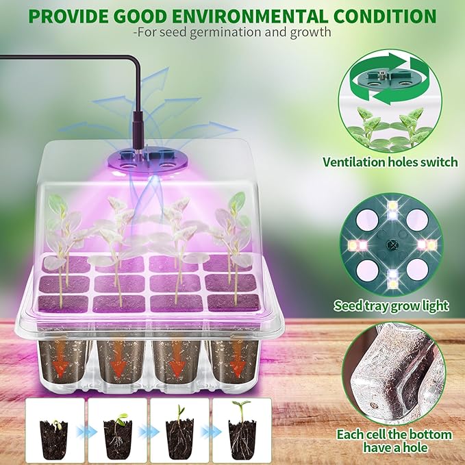 Seed Starter Tray with Plant Light, 2 Pack Grow Lights for Seed Starting Kit with Humidity Domes, Timing Controller Adjustable Brightness for Greenhouse Propagator Station Growing Transparent - Image 2