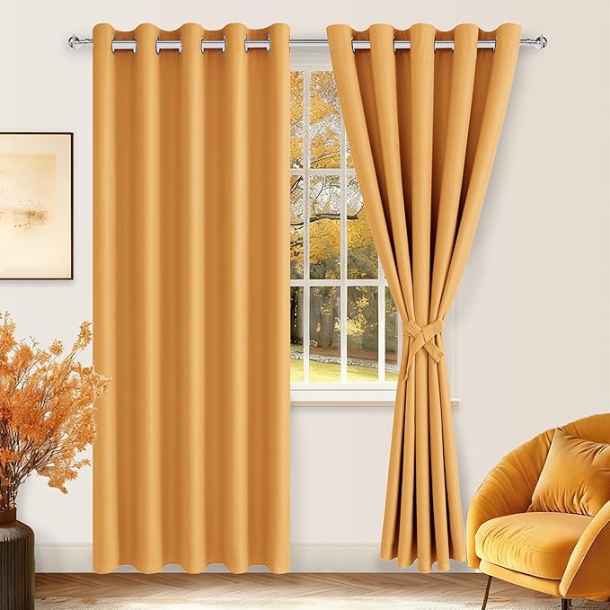 Hiasan Blackout Curtains for Bedroom, 60 x 84 Inches Long - Thermal Insulated & Noise reducing Window Curtains for Living Room, 2 Drape Panels Sewn with Tiebacks, Pumpkin Orange - Image 2