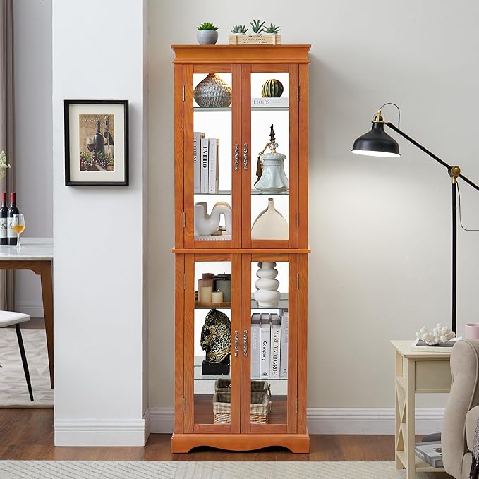 Glass Curio Cabinet with Lights & Adjustable Shelves, Corner Cabinet for Kitchen, Living Room, Office (Free Standing, Light Bulb Included) - Walnut, 70.08"H x 23.82"W x 11.81"D - Image 6