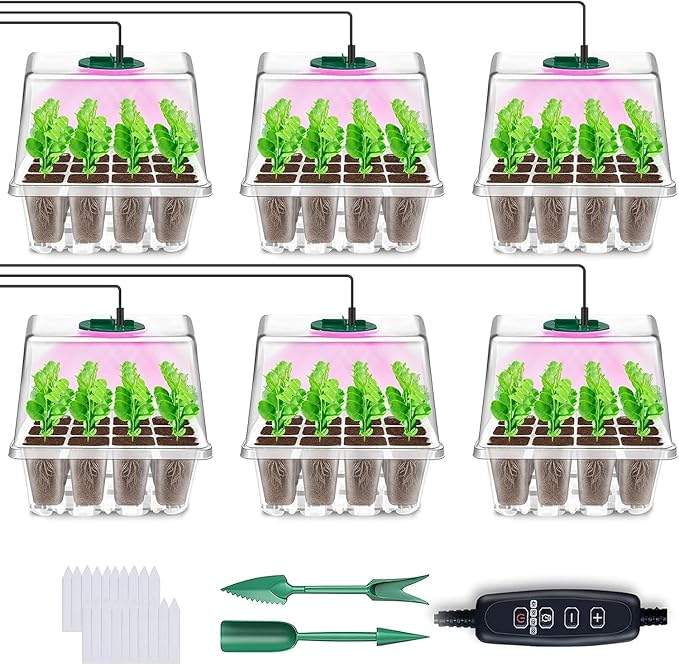YAUNGEL Seed Starter Tray with Grow Light, 6 Pack Seed Starter Kit with Timing Controller Adjustable Brightness, Thicken Seedling Starter Trays with Humidity Domes Heightened Lids, Transparent by YAUNGEL