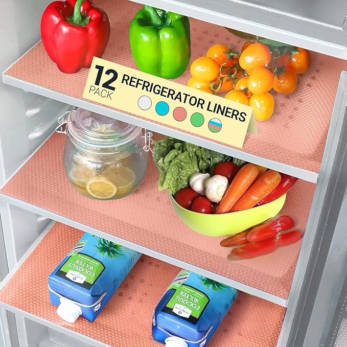 Refrigerator Liners for Shelves (12 Pack) by Linda’s Essentials - Non-Adhesive Shelf or Drawer Liner, BPA-Free Fridge Mats for Kitchen & Cabinets, Easy to Clean, Ideal Household Essentials (Pink) by LindasEssentials