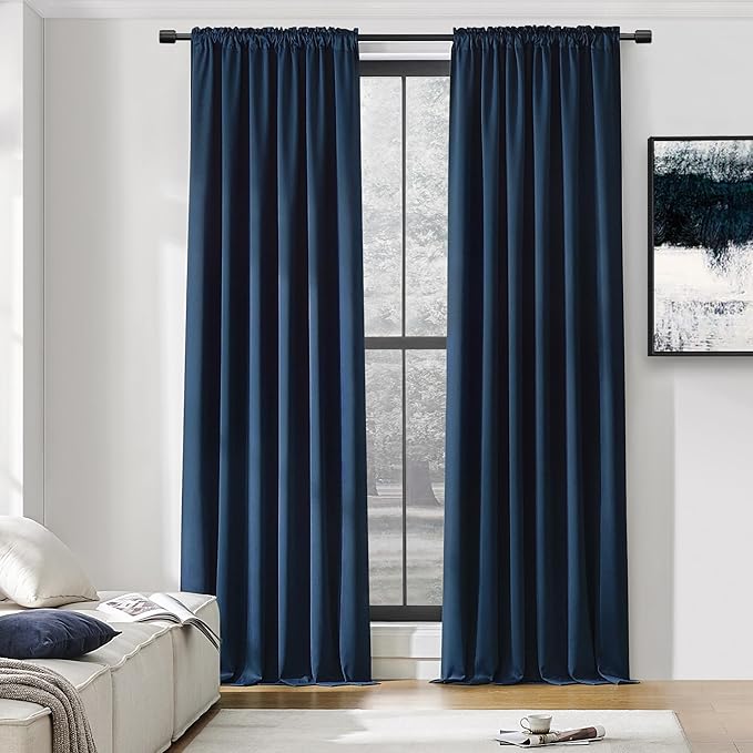 DONREN 96 Inches Long Floor Length Curtains - Dark Blue Blackout Curtains for Living Room - Rod Pocket Thermal Insulated Curtains for Bedroom (42 x 96 Inch,Set of 2 Panels) by DONREN