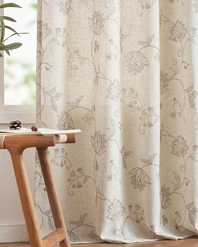 jinchan Linen Curtains Floral Curtain 84 Inch Length for Living Room Bedroom Light Filtering Rod Pocket Back Tab Jacobean Curtains Flax Linen Texture Window Drapes Set 2 Panels Taupe on Linen - Image 8